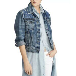 NEW $298 Polo Ralph Lauren Denim Jacket Distress Trucker Stars Stripes Patchwork
